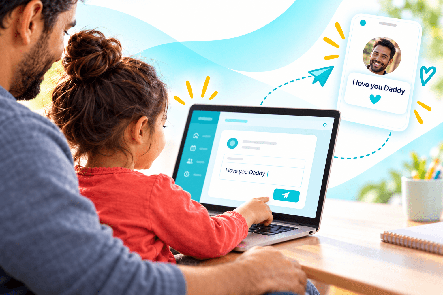 A little girl on her father’s lap sends “I love you Daddy” from a teal Noticeboard dashboard to a phone, surrounded by aqua shapes and playful illustrations