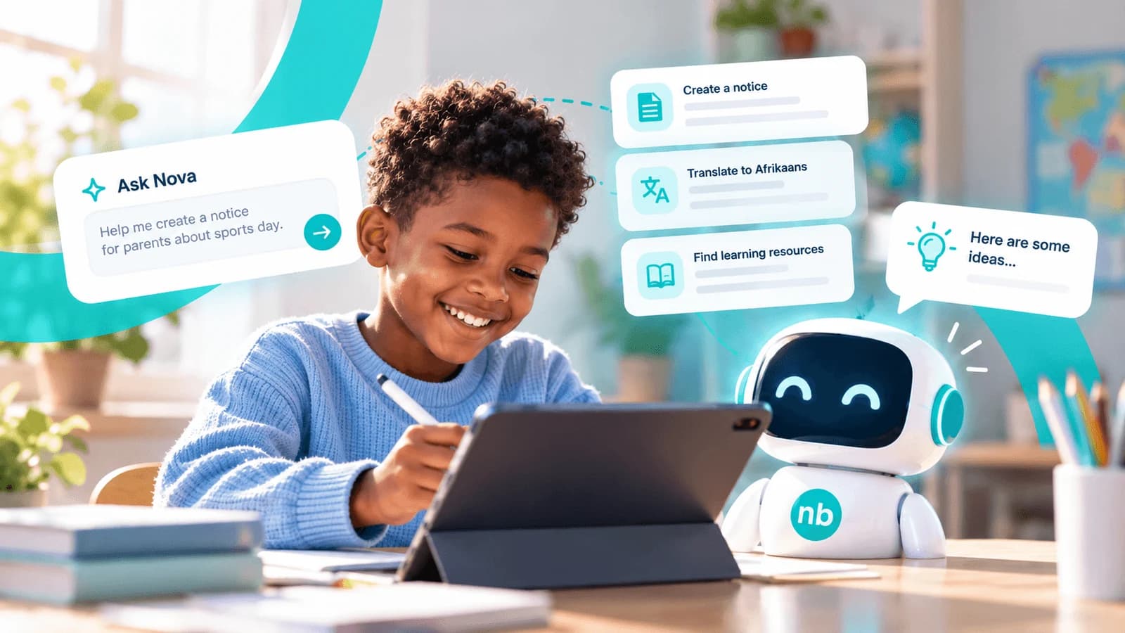 An illustration of a young learner using a tablet beside a friendly Noticeboard AI assistant