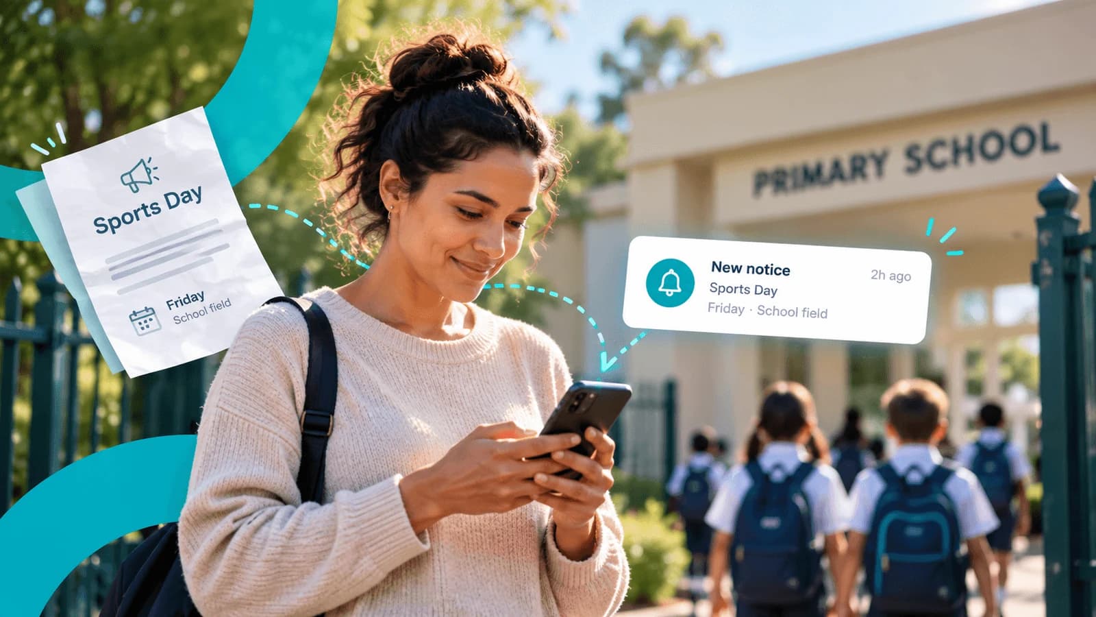 A parent checking a school update on her phone, with a paper sports day notice beside her