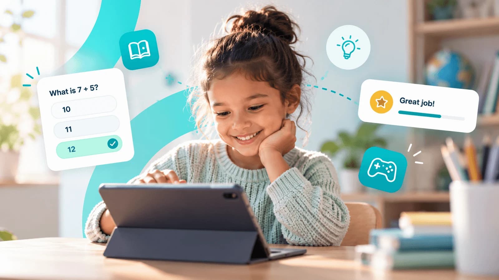 A child enjoying a tablet learning activity, surrounded by maths, reading and game illustrations