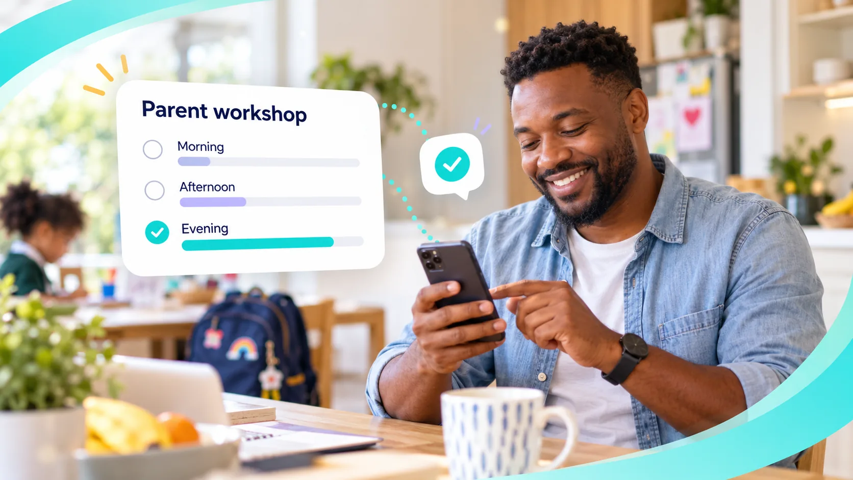 A parent choosing an evening workshop in a school poll on his phone