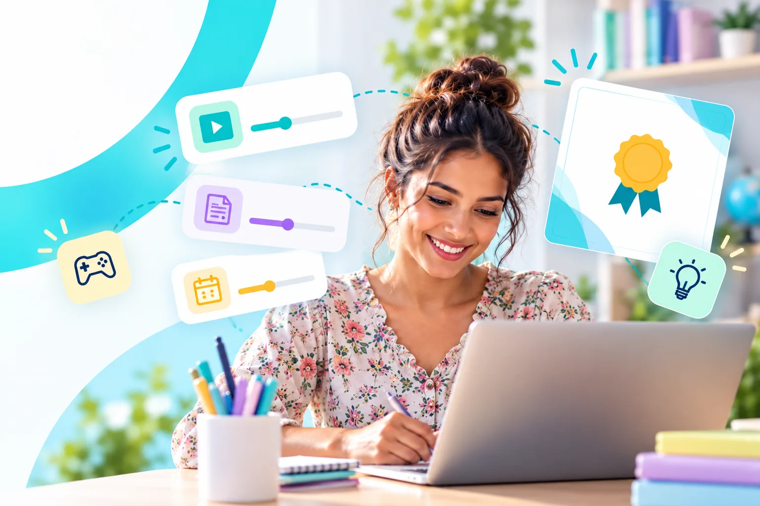 Teacher learning on a laptop, surrounded by lesson progress cards and a certificate illustration