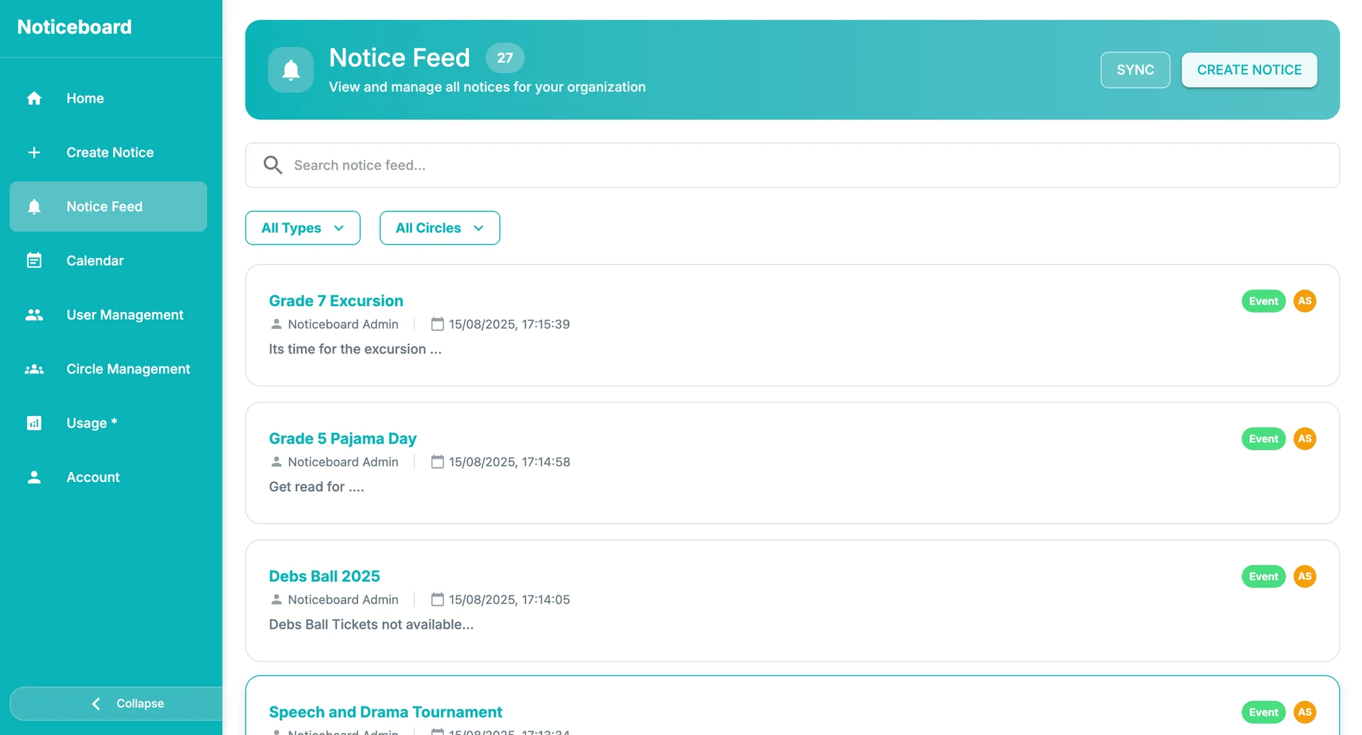 Official notices in the Noticeboard dashboard